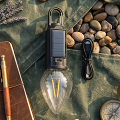 Solar & USB-C rechargeable camping lamp with warm LED