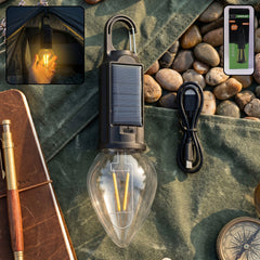 Carabiner clip on solar camping lamp for hanging