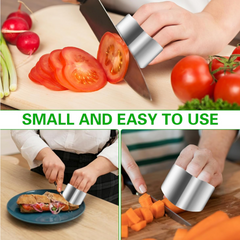 Finger guard holding vegetables for slicing.