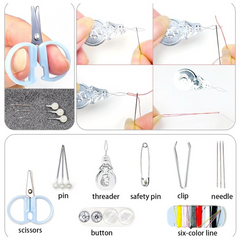 Colored threads and sewing tools inside mini travel kit