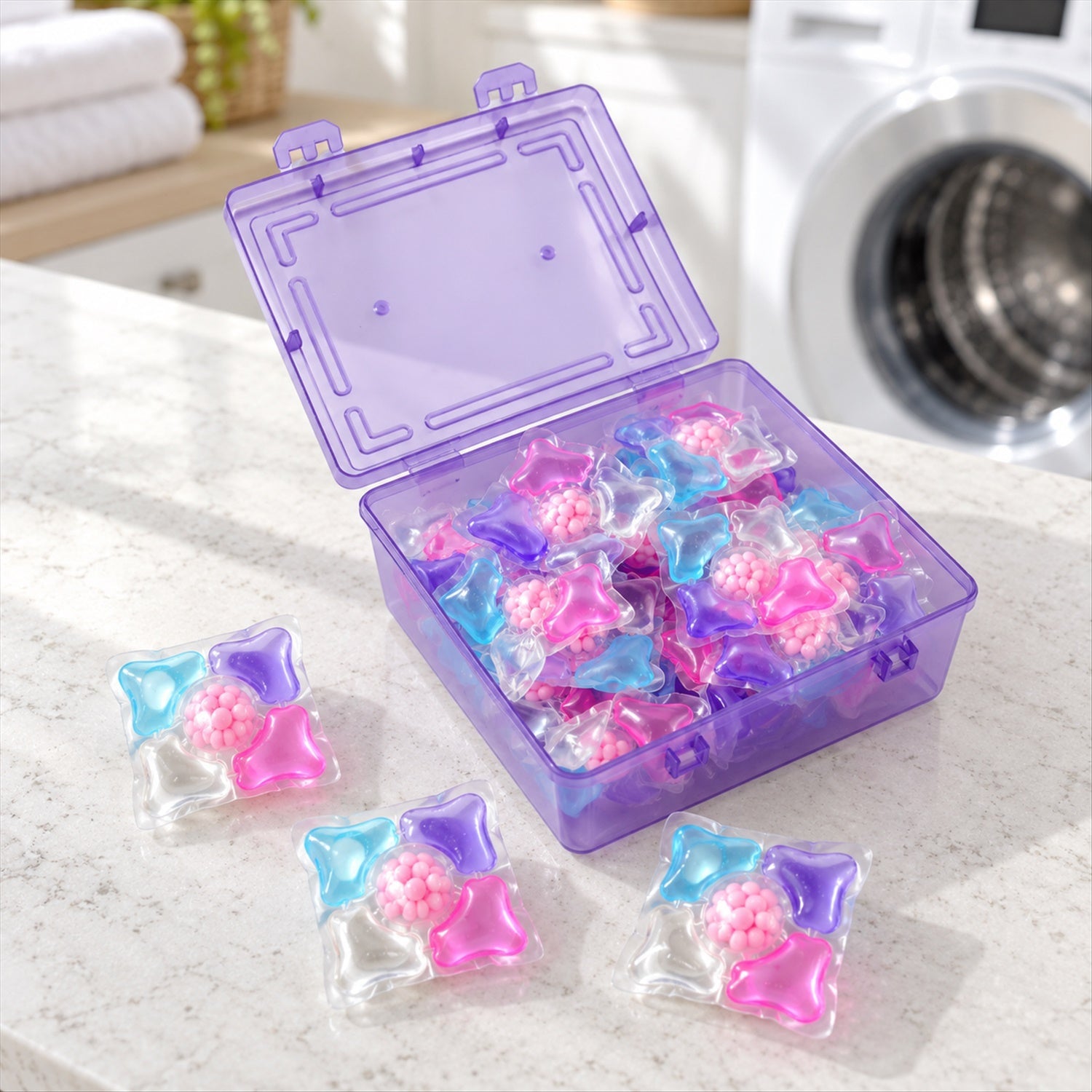 An open purple plastic storage box filled with colorful laundry detergent pods sits next to three loose pods. A washing