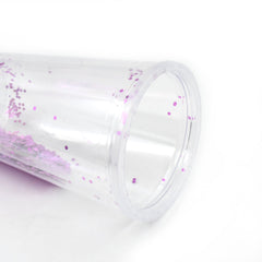 Top view of plastic tumbler showing lid and straw