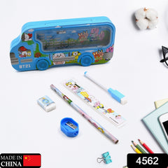 Bus Shape Compass Box for Boys, Kids School Accessories | Pencil Box with Wheels for Girls and Kids, String Operated Case Students School Supplies - Stationery Set Organizer Birthday Return Gift for Kids