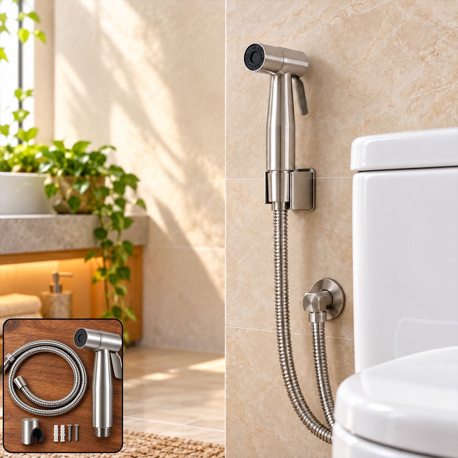 A brushed steel bidet sprayer with a flexible hose is mounted on a tiled wall next to a white toilet in a bright bathroom
