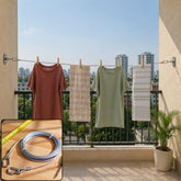 Heavy duty steel wire clothesline in use