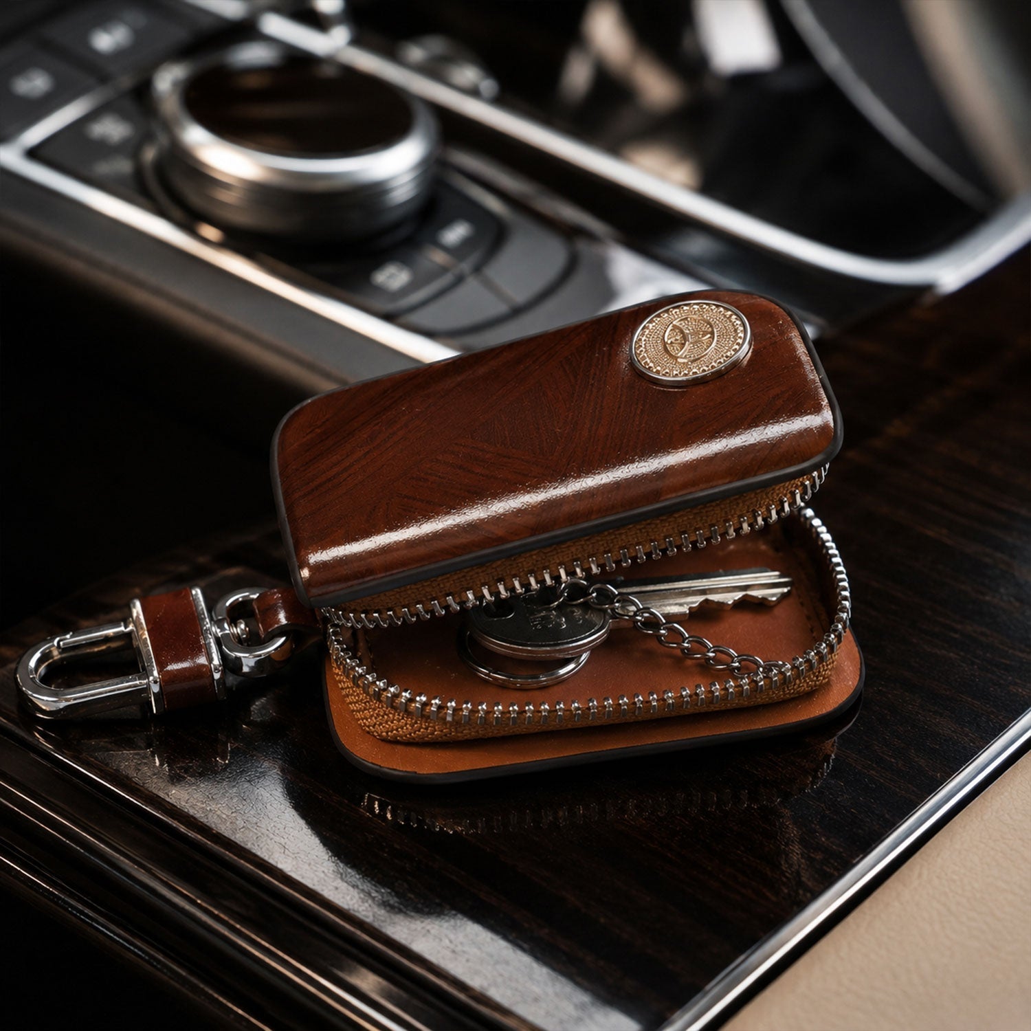 Brown leather car key case holder