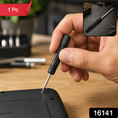 A hand uses a black and silver mini screwdriver to tighten a screw on a black device, with a small inset showing the full
