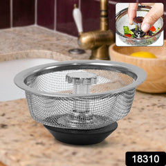 Close-up of stainless steel kitchen sink strainer