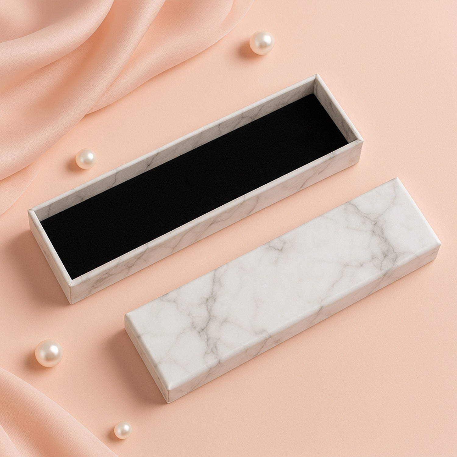 Luxury empty jewelry gift box 21x5cm marble finish with black velvet interior