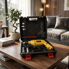 Drill machine tool kit open case on table lifestyle