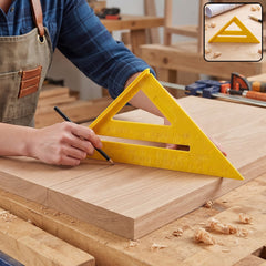 Plastic speed square ruler in woodworking use