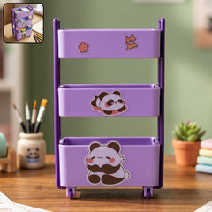 Purple mini storage trolley on a desk, organized with stationery and pens.