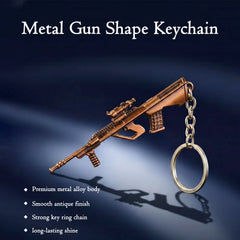 Metal gun keychain showing product packaging