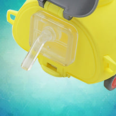 Side view of children's bug shaped water bottle with strap