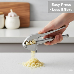 Close-up of aluminum garlic press crusher