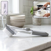Refillable soap dispensing dish scrub brush