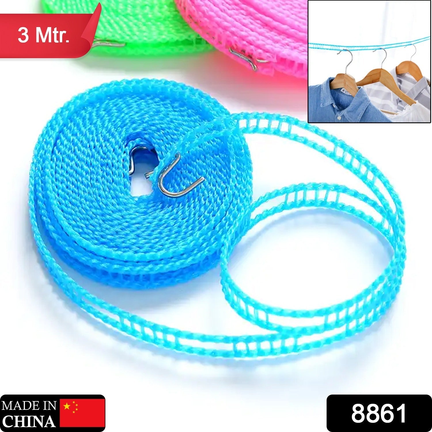 3 Meter nylon anti-slip clothesline rope with stainless steel hooks