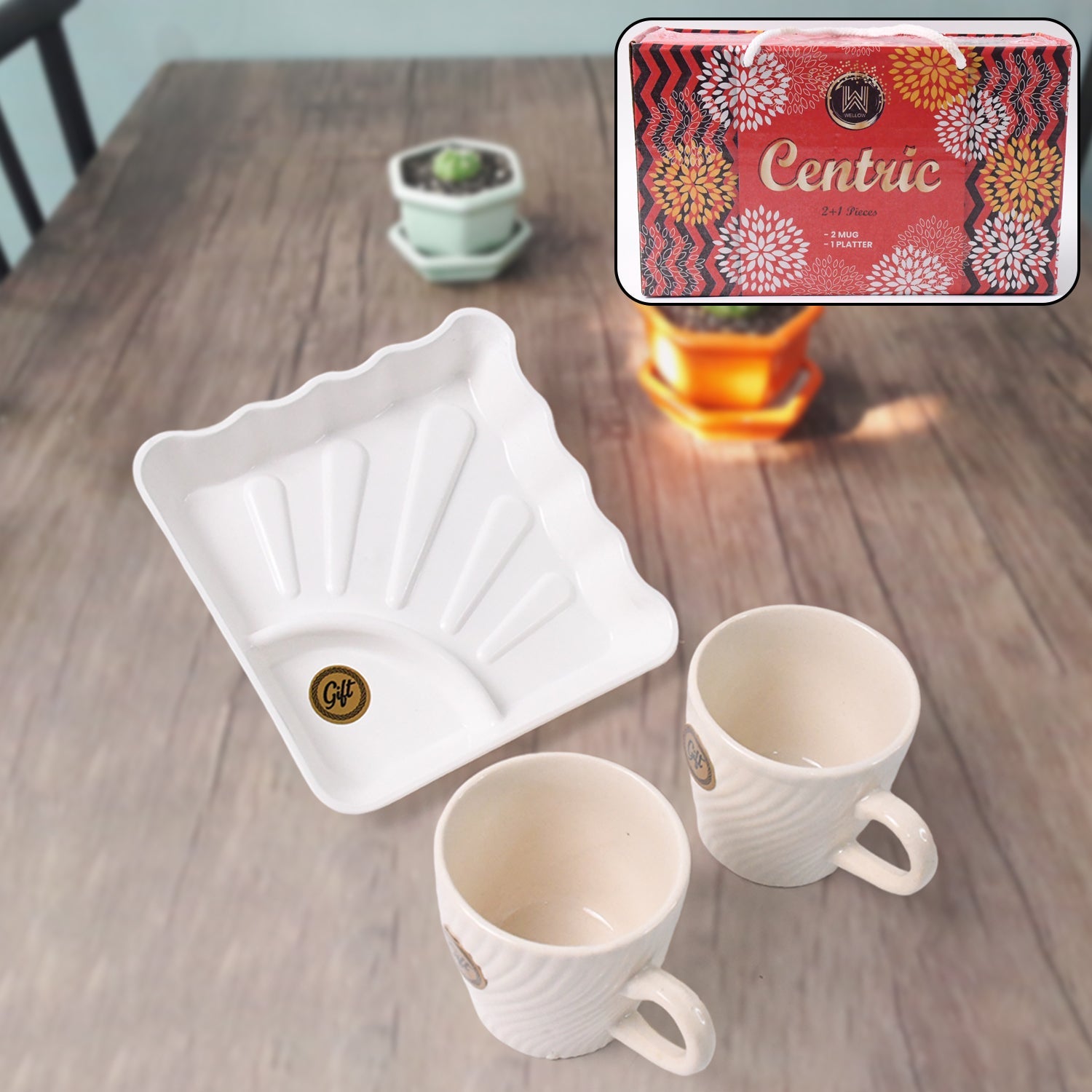 Centric Ceramic Tea Cups with Plastic Square Serving Platter