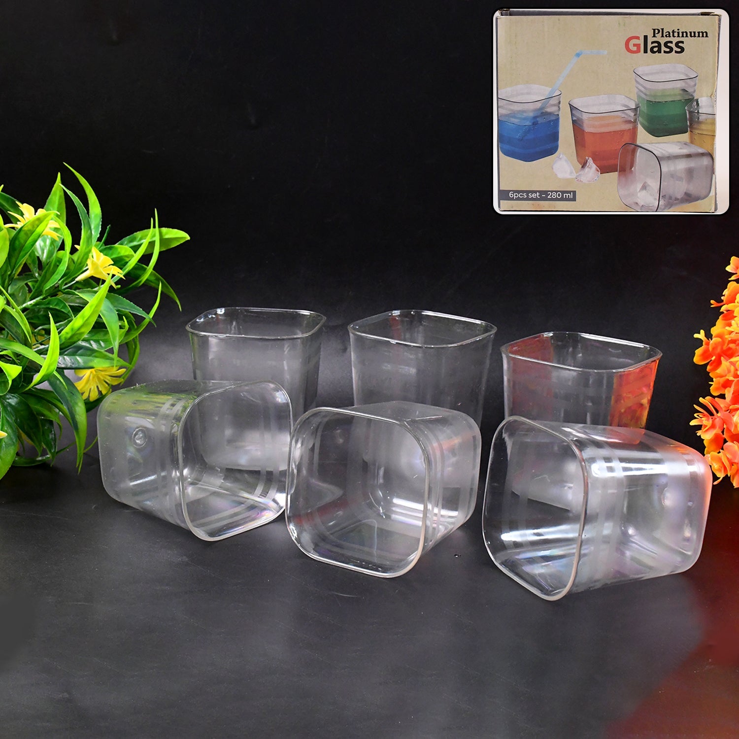 Crystal Clear 6pc Diamond Plastic Glass Set with Tray