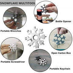 Close-up of snowflake multi-tool bottle opener and screwdrivers