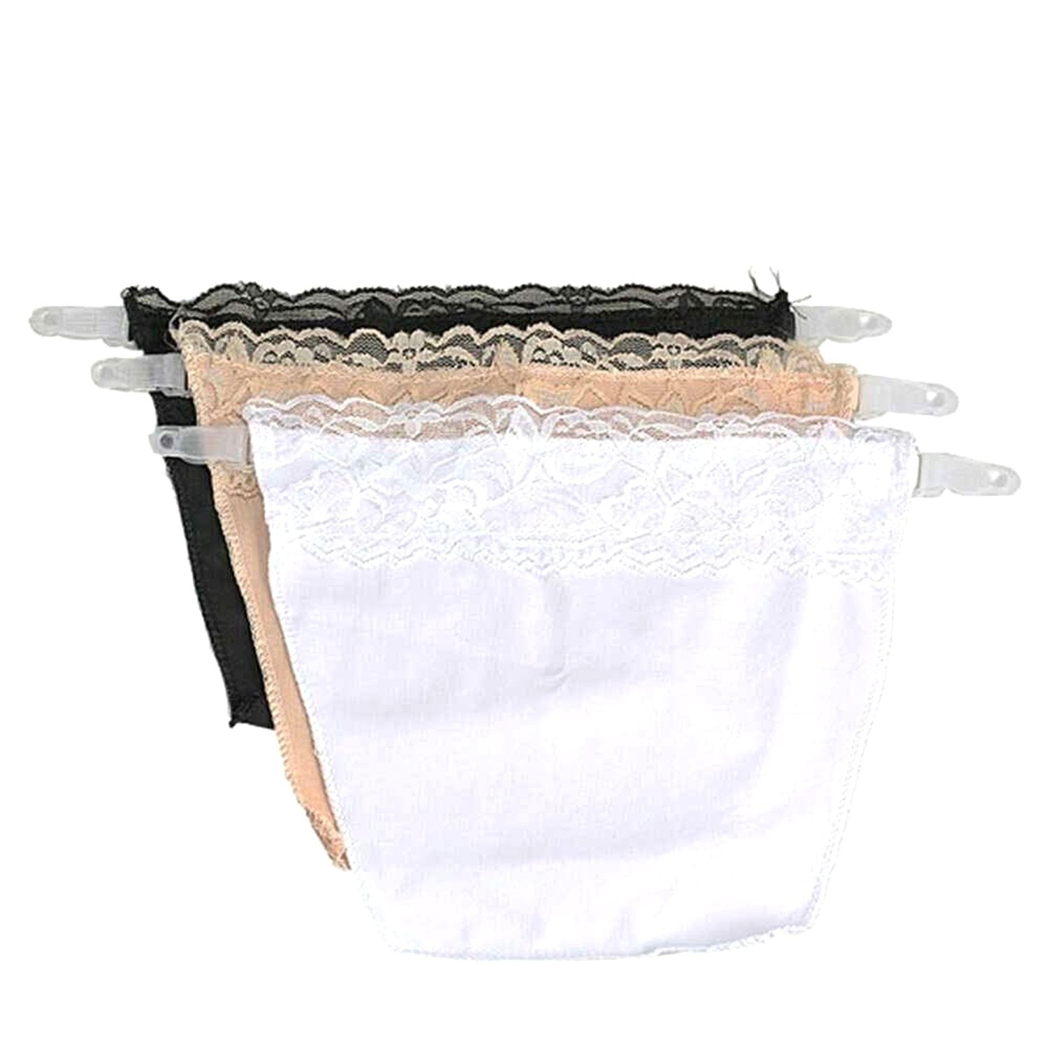 Glimmerly clip-on cotton camisoles in white, black, and beige displayed on a flat surface
