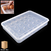 Two clear plastic egg containers stacked inside a refrigerator
