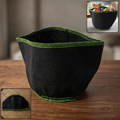 Fabric storage basket with green stitching