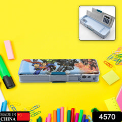 Pencil box featuring dual sharpener and calculator