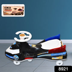 Side angle of the Cop Cruiser ride-on toy with steering wheel and police design