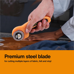 Close-up of sharp 45mm rotary blade for fabric cutting