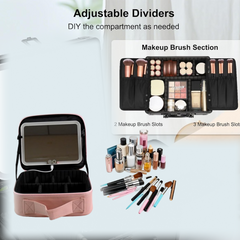 Open makeup organizer showing adjustable compartments and LED mirror