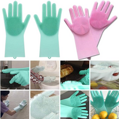 Multicolor silicone cleaning gloves showing scrubber side