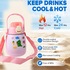 Vacuum insulated bottle front view with stickers