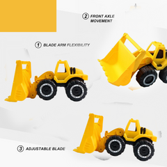 Front view of Funwoods bulldozer toy with movable bucket