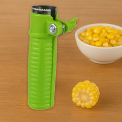 Plastic corn cutter with stainless steel blades on white background.