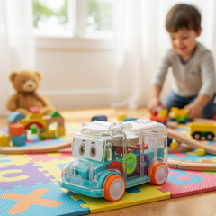 Illustration of a transparent musical mini school bus toy with visible gears.