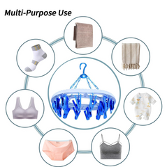 Multicolour round drying stand with secure clothes clips.