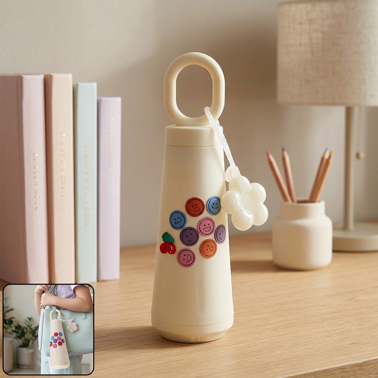 500ml glass water bottle with smile buttons and cherry design
