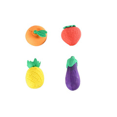 Four colorful 3D erasers of fruits and vegetables arranged closely