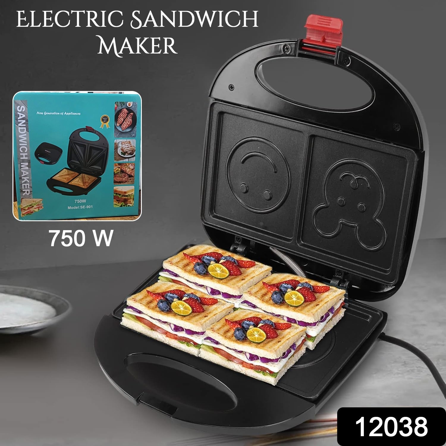 750W sandwich maker grilling a golden brown sandwich