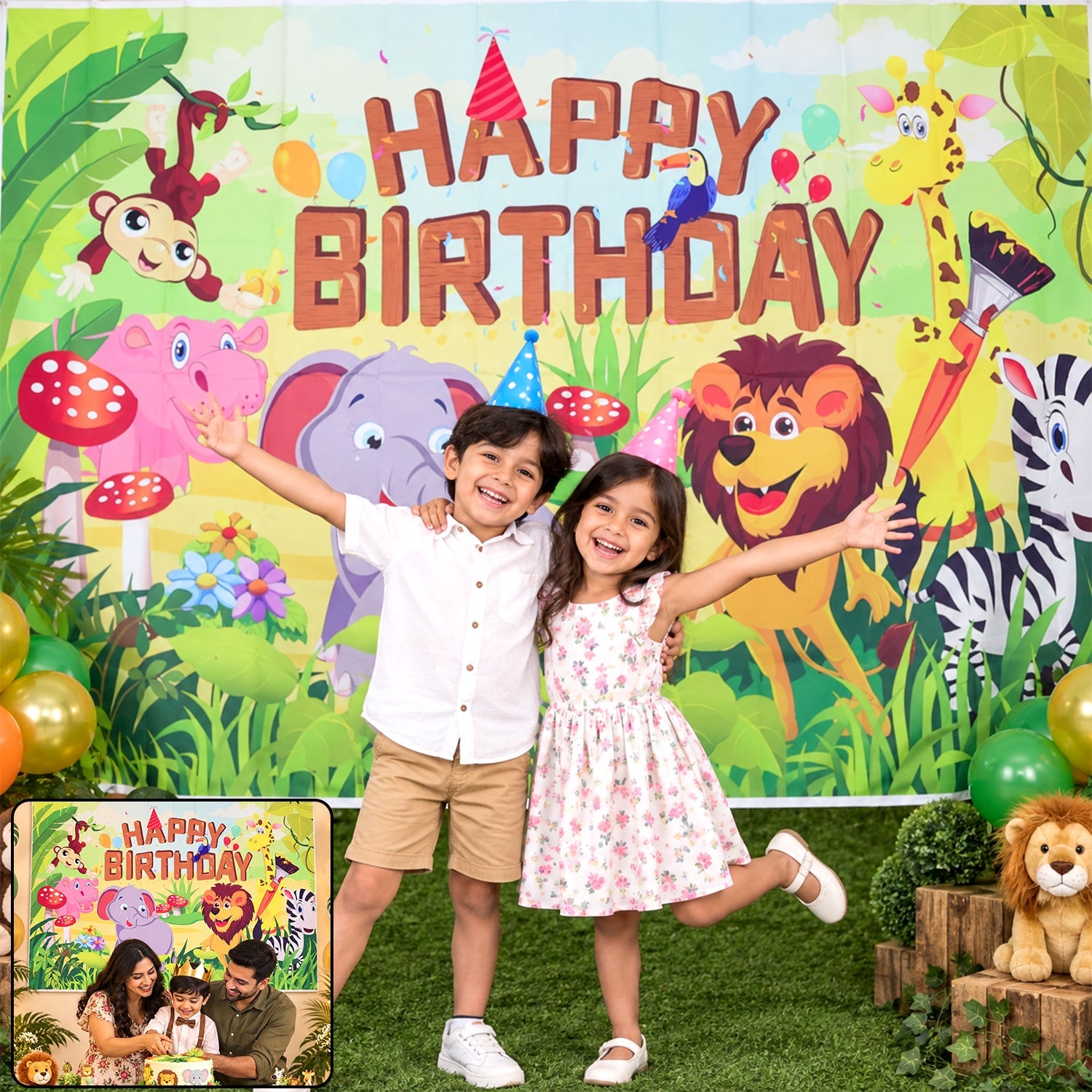 Jungle animal birthday backdrop curtain