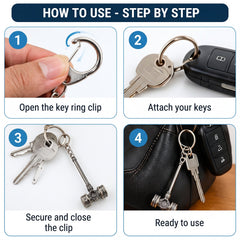 Four-panel graphic showing how to use the keychain: opening the clip, attaching keys, securing the clip, and the finished