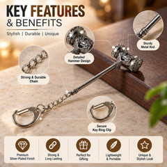 Close-up of the silver-plated hammer keychain with detailed features highlighted: sturdy metal rod, strong chain, and secure