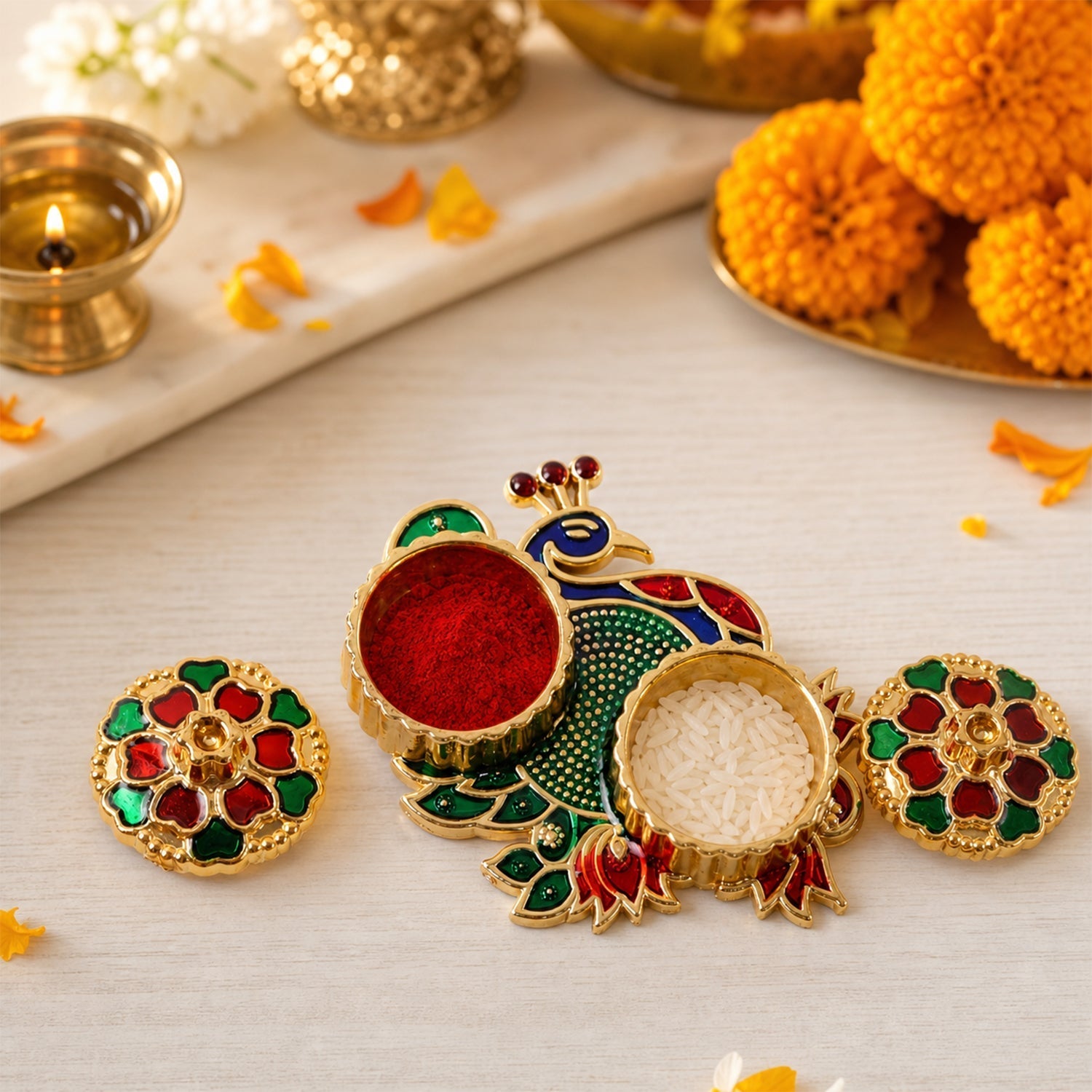 Golden peacock kumkum dani with stone work