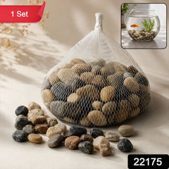 Packaged natural river stones in a net bag, ready for various home and garden decor uses.