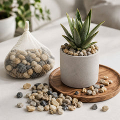 Set of smooth decorative natural pebbles in mixed earthy tones, displayed on a white surface.
