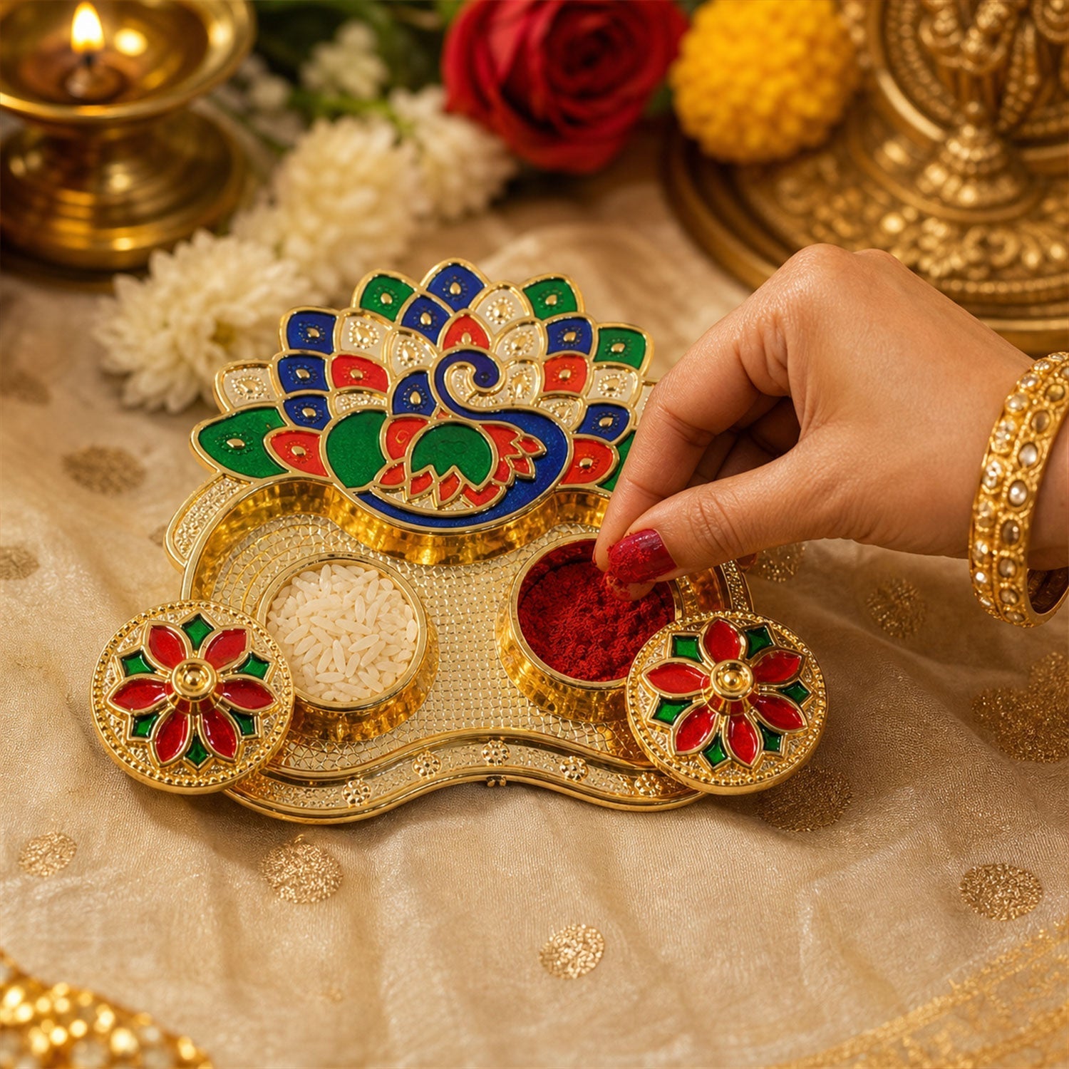 Peacock shaped kankavati kumkum holder