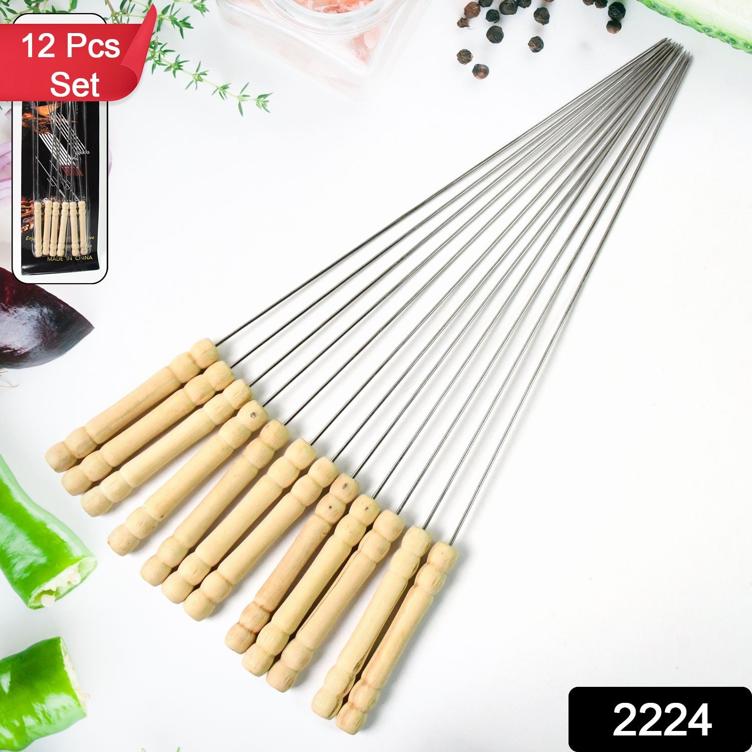 Close-up of a stainless steel BBQ skewer with wooden handle
