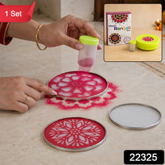 A person sprinkles pink rangoli powder through a floral stencil, with a second stencil and a box in the background.