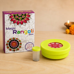 The Magic Rangoli Box packaging, a small clear container, and a round lime green powder dispenser are displayed.